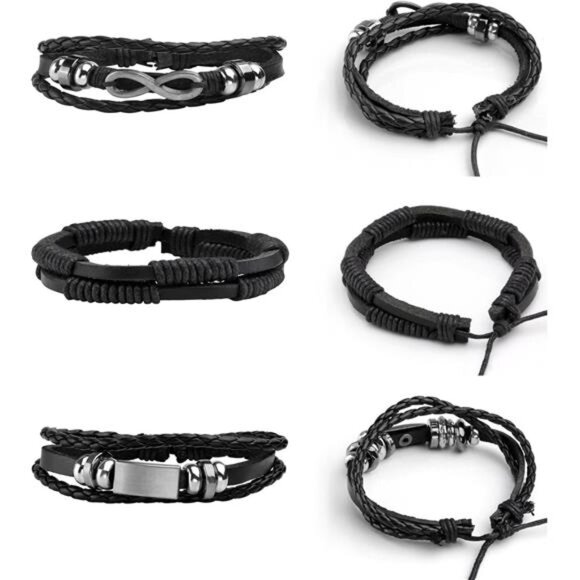 Mens womens braided leather bracelet set adjustable woven cuff wristband - Picture 2 of 8